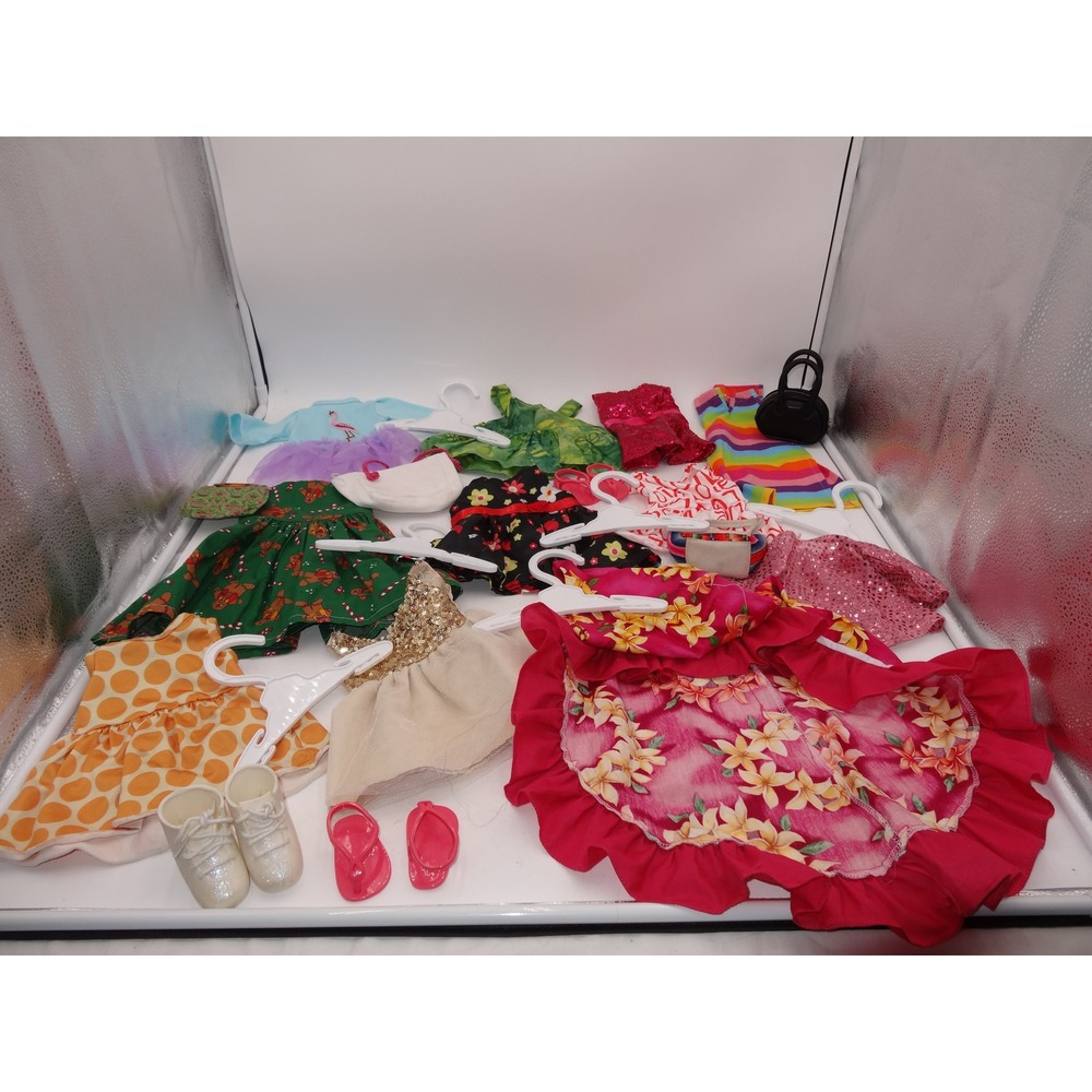 Our‎ Generation Doll Clothes Lot Dresses Shoes Hangers Christmas Hawaii 16 pcs